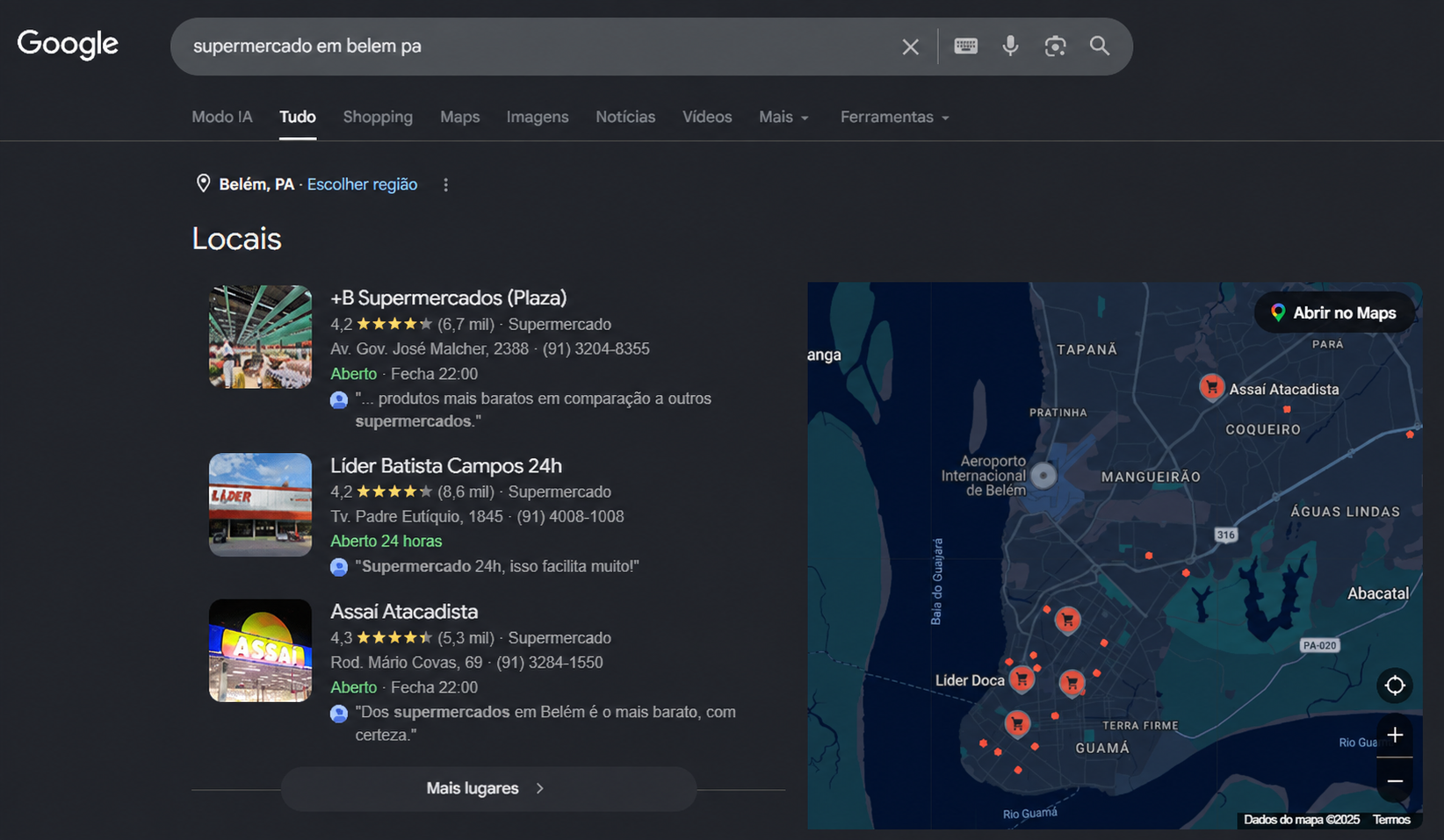 Mais B Supermercados em primeiro lugar no Google em Belém