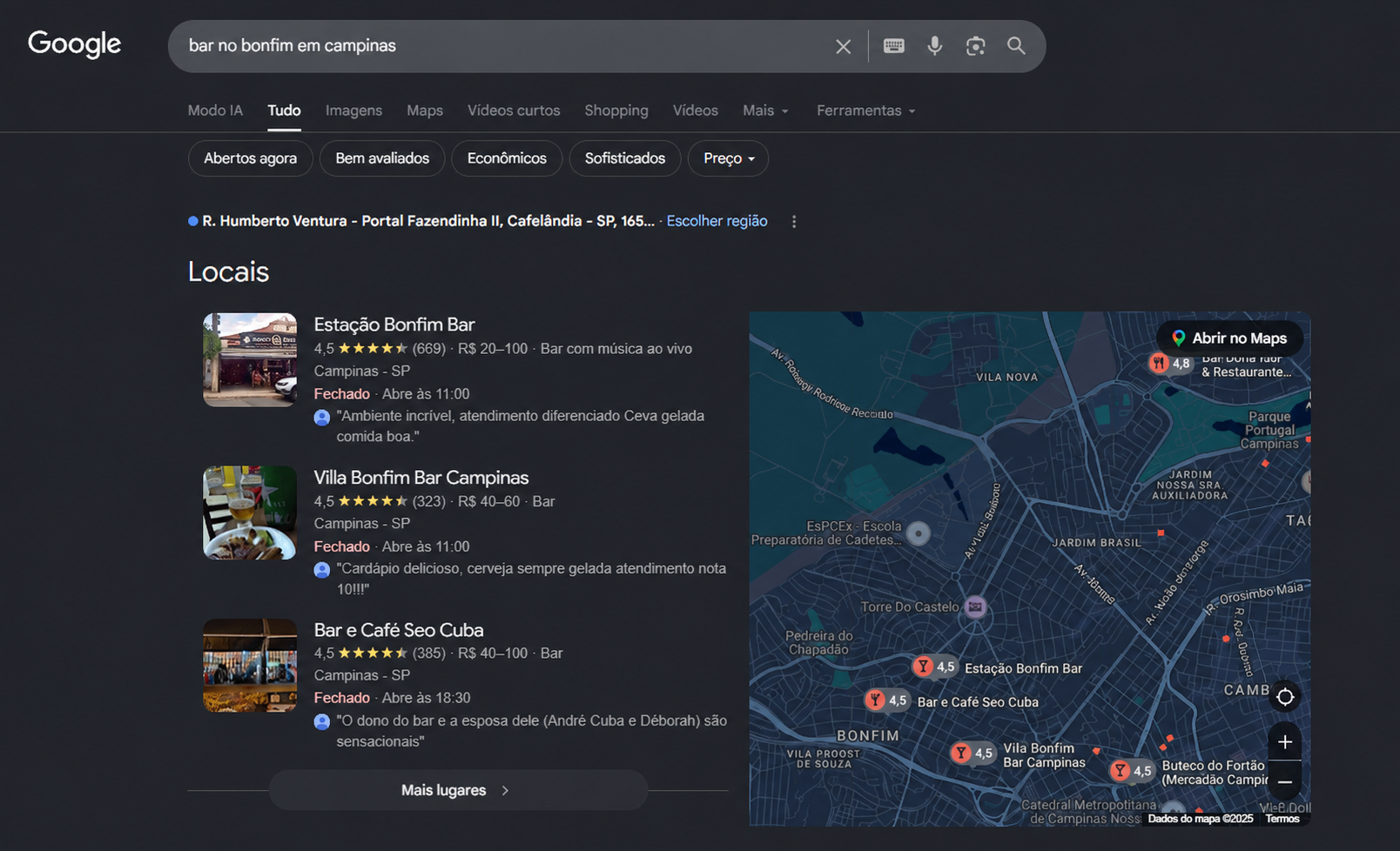 Bar e Café Seo Cuba entre os primeiros resultados no Google em Campinas