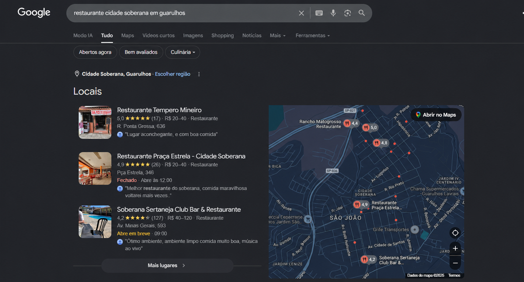 Restaurante Tempero Mineiro em primeiro lugar no Google em Guarulhos